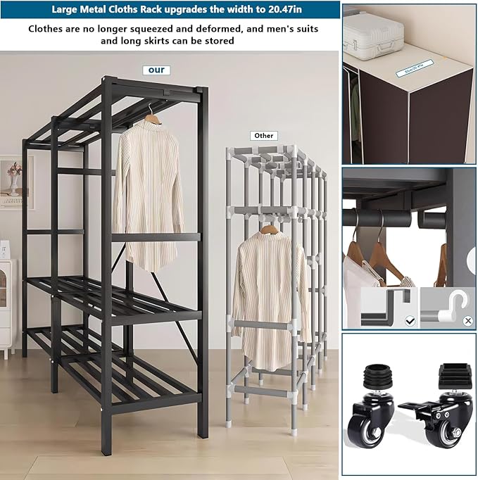 Heavy Duty Covered Clothes Rack with Magnetic Door Foldable Portable Wardrobe Closet for Hanging Clothing Rolling Black Metal Garment Rack on Wheels Closet System (Brown, 58.9in)