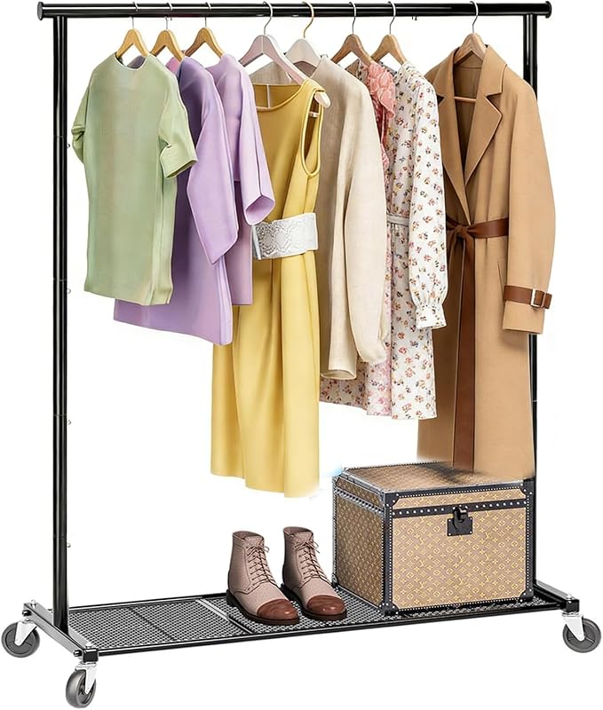 Ekisemio Clothes Rack for Hanging Clothes, 64.25 Inch Clothing Racks with Wheels, Portable Rolling Clothes Garment Rack for Bedroom, Laundry, Living Room, Black