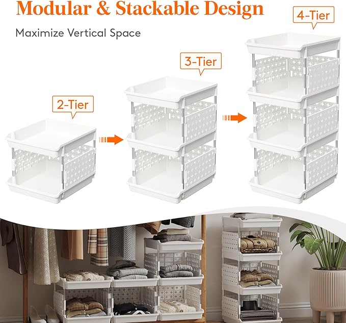 Lifewit Plastic Stackable Storage Baskets, 4 Tier Stacking Bins for Food and Clothes, Multifunctional Organizer for RV, Kitchen, Playroom, Pantry, White, 35 x 30 x 72 cm/14 x 12 x 28 inch, 2 Pack
