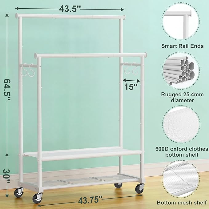 Double Rods Clothes Rack for Hanging Clothes, Heavy Duty Rolling Clothing Rack with Wheels, Freestanding Garment Racks with Oxford Bottom Shelf and Mesh Bottom Shelf for Bedroom Laundry (White)