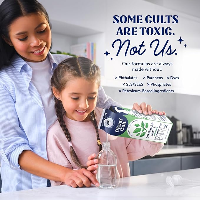 Cleancult Dish Soap Liquid Refills (32oz, 1 Pack) - Dish Soap that Cuts Grease & Grime - Free of Harsh Chemicals - Paper Based Eco Refill, Uses 90% Less Plastic - Sweet Basil