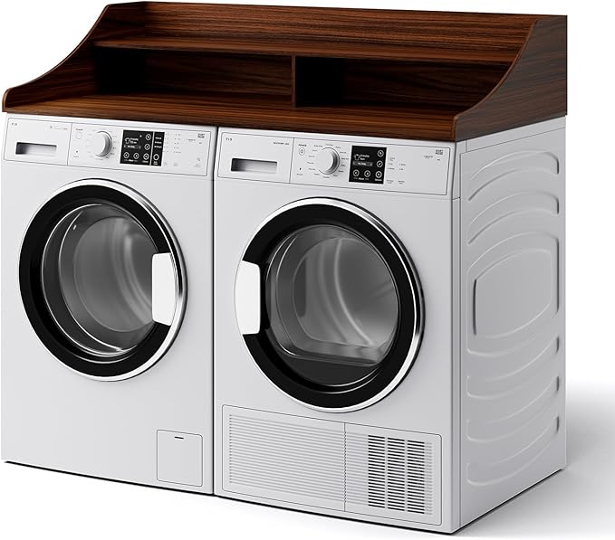 OAKHAM HOME 2-Tier Washer Dryer Topper, 54" x 27.6" Countertop with Storage Shelf & Non-Slip Mat, Laundry Organizer for Folding & Sorting Clothes, Walnut