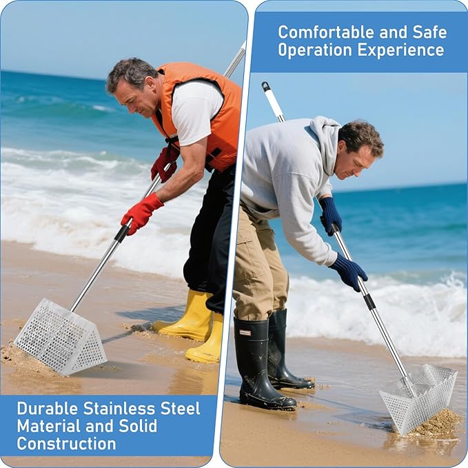 Sand Flea Rake, Long Handle Sand Sifter with 65-Inch Pole - Stainless Steel Shark Tooth Sifter, 13-Inch Wide Mesh Screen for Beach, Seaside Collecting of Fleas, Shark Teeth & Seashells