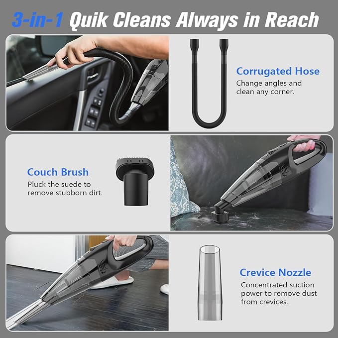 BSRCO Handheld Vacuum Cordless Rechargeable, 3-in-1 Car Vacuum Portable with LED Light & USB Charge, 1.65Lbs Lightweight Hand Vacuum Cleaner for Pet Hair, Home, Car Interior