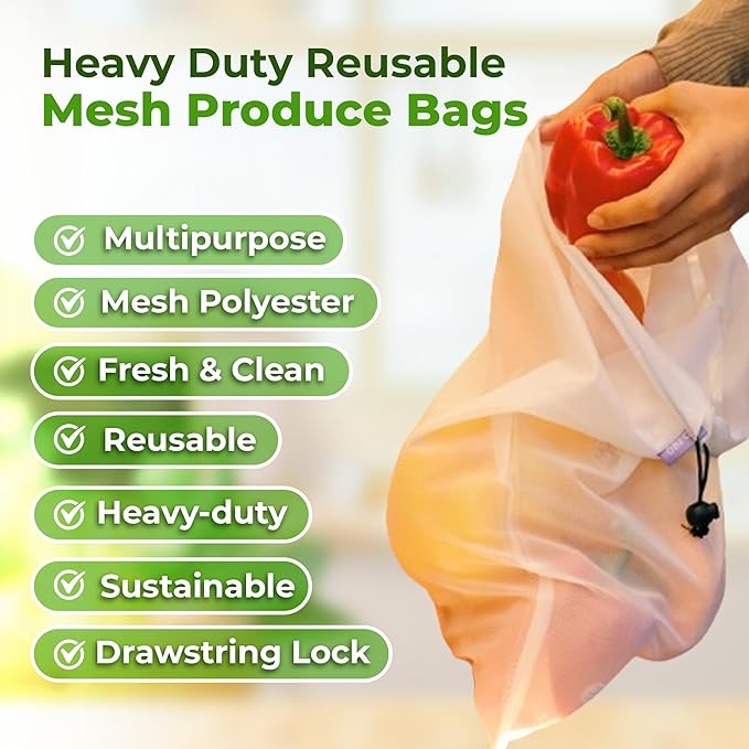 purifyou Set of 10 Reusable Produce Bags - Large (12x14), Farmers Market Bags, Washable Shopping Bags, Gift Bags, Storage for Fruits, Vegetables, Toys, Groceries, Kitchen and Home Organizer