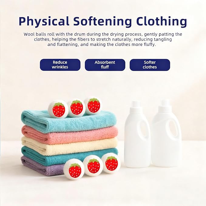 Wool Dryer Balls，New Zealand Wool Laundry Balls for Dryer (Pack of 3, Strawberry Handmade Pattern)，Softens Clothes,Naturally Reduces Drying Time and Static Electricity