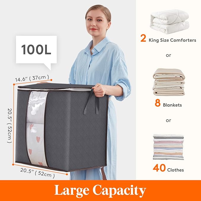 Lifewit 3 Pack 100L Clothes Storage Bins with Lids, Foldable Blanket Storage Bags with Zippers, Clear Window and Reinforced Handles, Closet and Organization for Clothing, Sweater, Comforter, Bedding