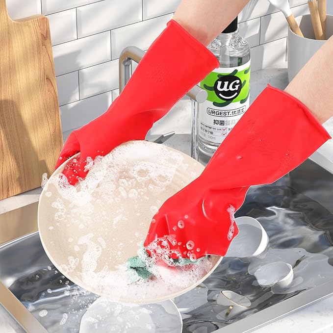 Rubber Cleaning Gloves for Dishwashing - 6 Pairs Kitchen Gloves for Washing Dishes, Reusable Household Gloves for Bathroom, Gardening (Medium, Red & Yellow, 3 Pairs of Each Color)