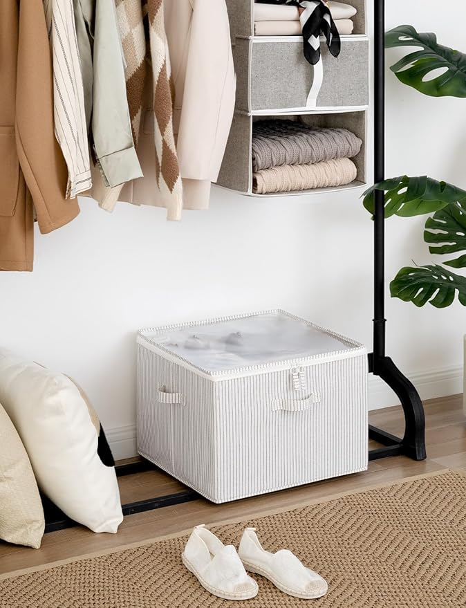 StorageWorks Shoe Organizer for Closet, Fits up to 16 Pairs, Shoe Cubby Storage Containers with Adjustable Dividers and Clear Cover, Khaki and Beige Stripes