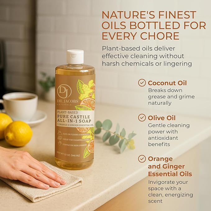 Dr. Jacobs Naturals Orange & Ginger Castile All-In-One Cleaner and Soap - Plant-Based Formula for House Cleaning Floors and Appliances - Gentle on Skin and the Planet - 32 oz, 1 Pack