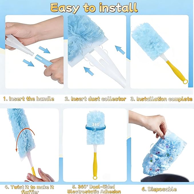 60-Pack Dusting Mop Refill Set, Disposable Power Dusting Duster Compatible with Swiffer. Includes 1 Handle and 3-Foot Extension Pole, Ideal for Cleaning Furniture, Bookshelves, and Ceiling Fans.