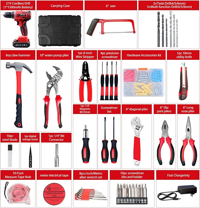 jar-owl Powerful Brushless Motor 21V Cordless Drill Set, 319 in-lb Torque, 0-1350RMP Variable Speed, 10MM 3/8'' Keyless Chuck, 25+1 Clutch, 1.5Ah Li-Ion Battery & Charger for Home Tool Kit