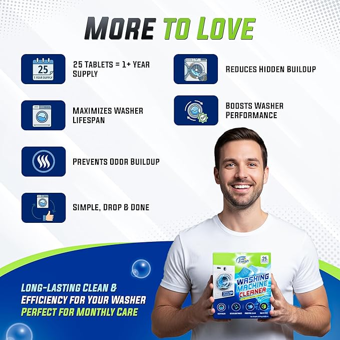 Washing Machine Cleaner Tablets 25 Pack – Rinses Away Pet Hair Trapped by Residue & Buildup, Compatible with Front Load, Top Load & HE Washers, Reaches Drum, Seal, Hoses & Pipes for Deep cleaning