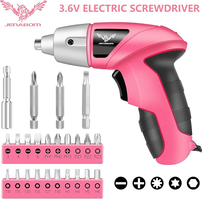 Pink Cordless Electric Screwdriver, 3.6V Rechargeable Small Electric Drill with 24pcs Driver Bit Set, Power 3.5Nm Screw Gun with LED Light for Women