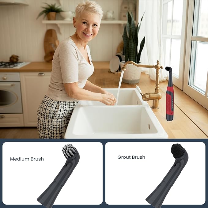 LifeBasis Cordless Electric Cleaning Brush, Mini Power Scrubber for Cleaning Waterproof Grout with 2 Brush Heads for Bathroom Kitchen Tile Crevice Corner - Red (Batteries Included)