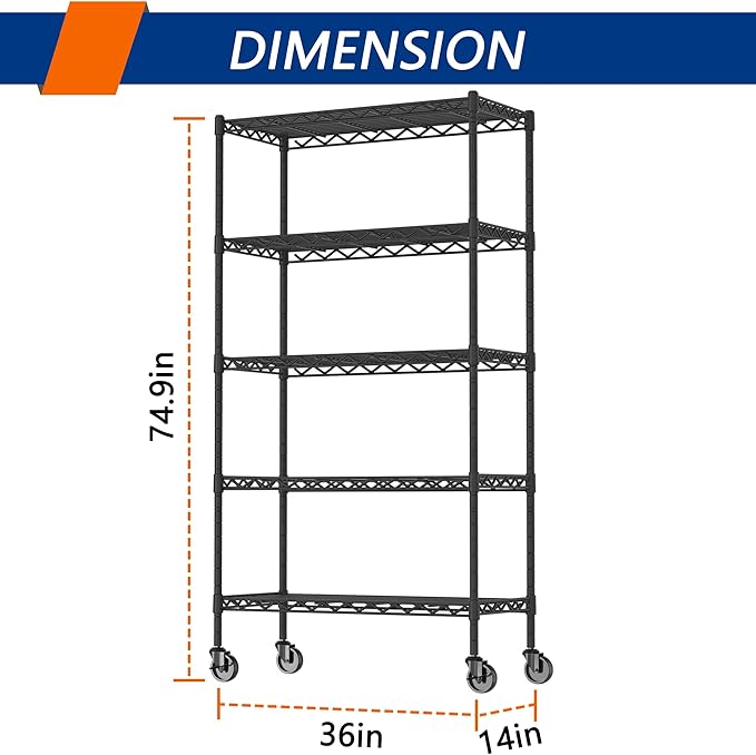 Soywey 5-Shelf Adjustable Heavy Duty Storage Shelving Unit on 4 Wheel Casters, Metal Organizer Wire Rack for Laundry Bathroom Kitchen Pantry Closet, Black