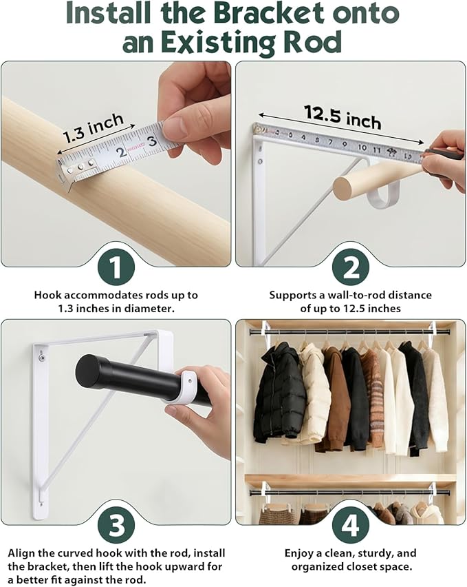 Supforce 4 Pack Closet Rod Bracket, Heavy Duty Closet Rod Support with Rod Holder, Wall Mounted Closet Shelf Brackets with Triangle Stabilizing Design for Closet, Bathroom and Kitchen, Black
