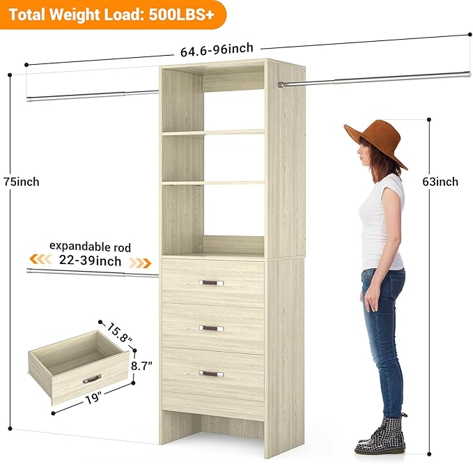 Homieasy 96 Inches Closet Organizer System, 8FT Customizable Walk In Closet Organizer with Hanging Rods, 3 Leather Handle Drawers Garment Rack, 96" L x 16" W x 75" H, Max Load 1000 LBS, White Oak