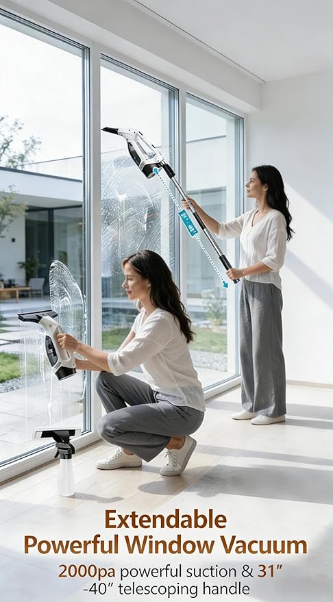 Cordless Window Vacuum Squeegee, 2000Pa Electric Window Cleaner with 2200mAh Battery & 150mL Detachable Tank, Multi-Surface Cleaning Kit for Glass, Shower, Car Windows & Household Use