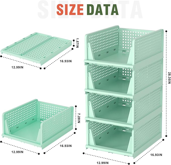 Closet Organizer, 4 Pack Stackable Storage Bins for Closet Shelves, Plastic Storage Drawers Basket Weekly Clothes Organizer for Kids(4L)（Green）