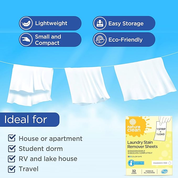 Nature Clean Natural Stain Remover for Clothes Laundry Strips Unscented 32 Count, Non-Toxic Advanced Stain Remover Treater Laundry Sheets, Plastic-Free Travel Stain Remover for Fabric Eco-Friendly
