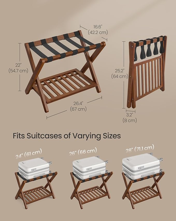 SONGMICS Solid Wood Luggage Rack, No Assembly Required, Foldable Suitcase Stand, Luggage Holder, with Storage Shelf, for Guest Room, Hotel, Bedroom, Coffee Brown URLR020K02