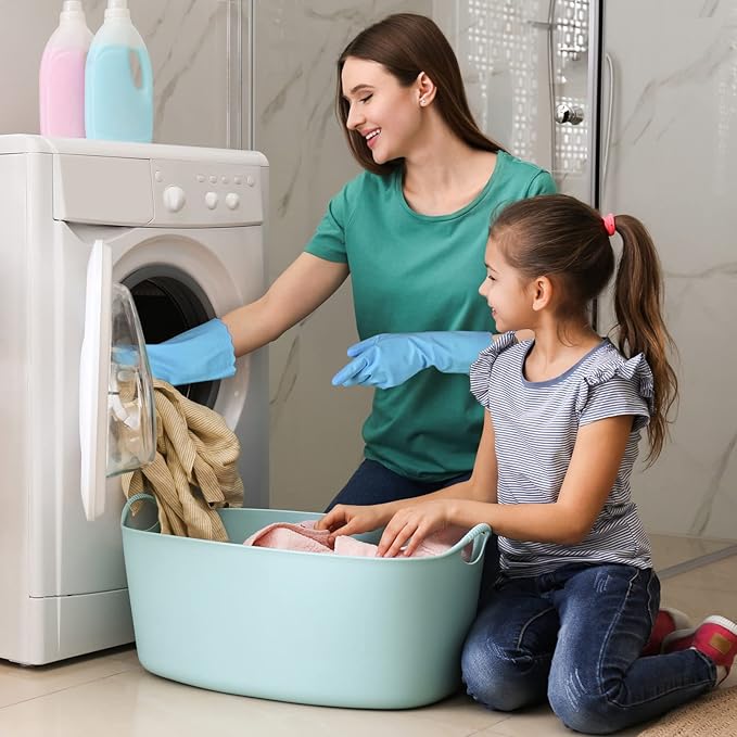 Bamllum Rubber Cleaning Gloves - 3 Pairs Latex Free Kitchen Cleaning Gloves with Cotton Liner- Household Dishwashing Gloves, Non- Slip Waterproof (Small, Blue+Pink+White)