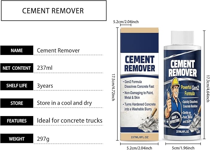 Fast-Acting Concrete Remover, No-Damaging Cleaner Liquid, 237ml Dried Concrete Dissolver with Powerful Formula, Safe Cleaning Solution with Easy Application Feature -Friendly