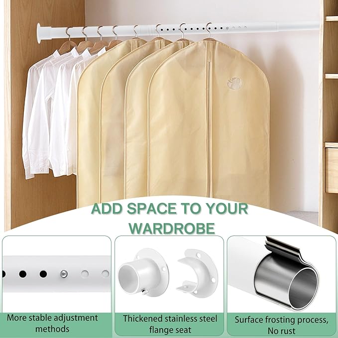 Closet Rod, 17 to 51 Inch 1.3 Inch Diameter Heavy Duty Adjustable Closet Rods for Hanging Clothes Heavy Duty Closet Hanging Rod Matte White Closet Poles for Wardrobes