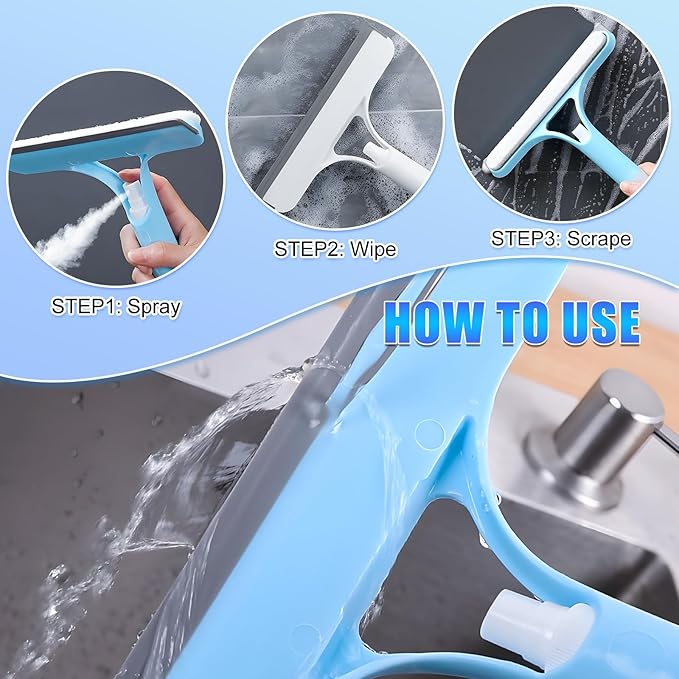3 in 1 Window Cleaning Scraper,3 in 1 Spray Squeegee,Window Squeegee with Spray,Windows Squeegee Cleaner Tool with SprayBottle,All-Purpose Shower Glass,Mirrors,Car,Home Window Cleaner Tool(White+Blue)