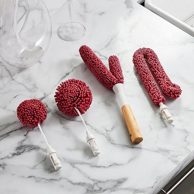 Wine Enthusiast Interchangeable Glassware Cleaning Brush Set – 5-Piece Bamboo Handle with Specialized Brush Heads for Wine Glasses, Decanters, and Barware Cleaning