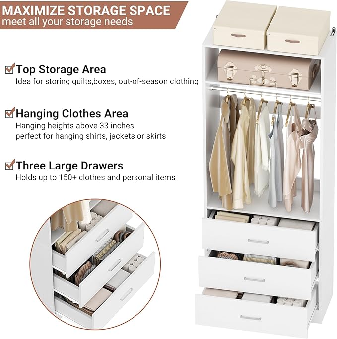 Besiost Freestanding 2FT Closet System with 3 Wood Drawers, 24" Closet Organizer System with Hanging Rod & Shelves, Walk-in Closet Systems for Small Closets, White (24"L x 15" W x 80" H)