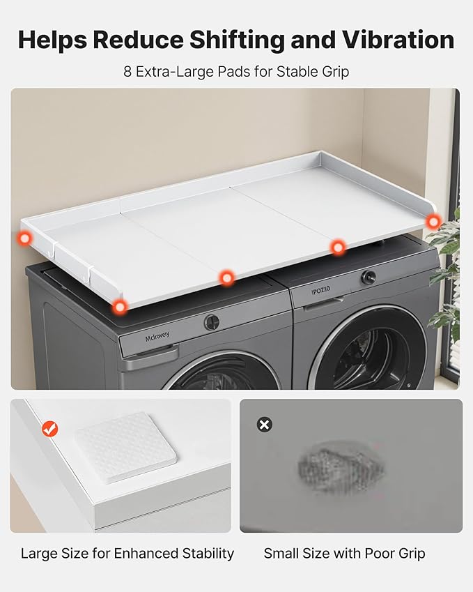 VEVOR Washer Dryer Countertop with 3 Splicing Panels, 54" x 27" Wooden Washer and Dryer Countertop with 2 Hooks, Water-Resistant Laundry Topper for Laundry Room Organization and Storage, White