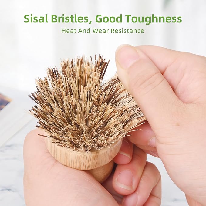 6 Packs Bamboo Dish Brush - Bamboo Wok Brush, Natural Union Fiber and Tampico Fiber Bamboo Scrub Brushr for Washing Cast Iron Pan/Pot(Hard Bristle)
