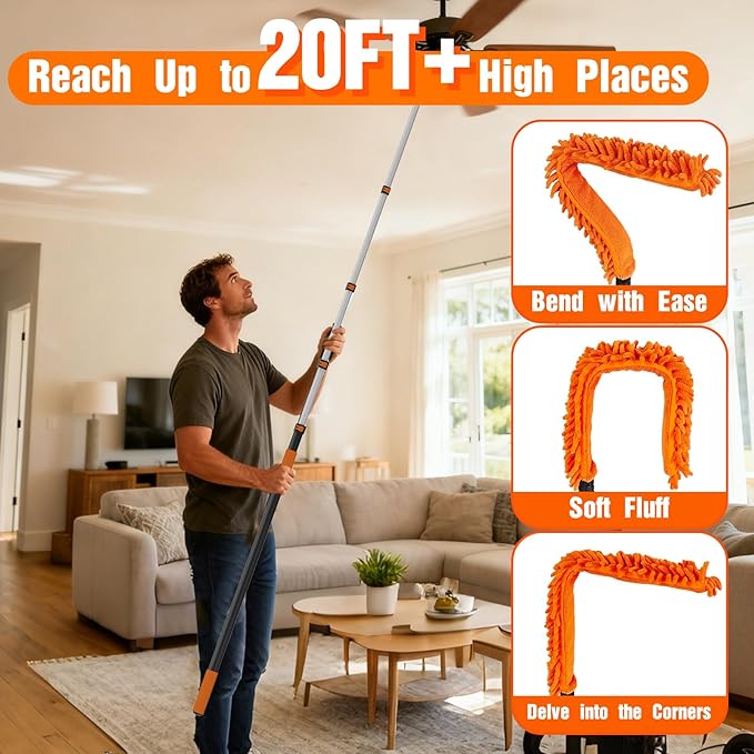 26FT Reach Duster Cleaner Kit, Dusters for Cleaning with Extension Pole, Baseboard & Wall and Window Cleaner Mop for Fan Blades, High Ceiling and Cobweb