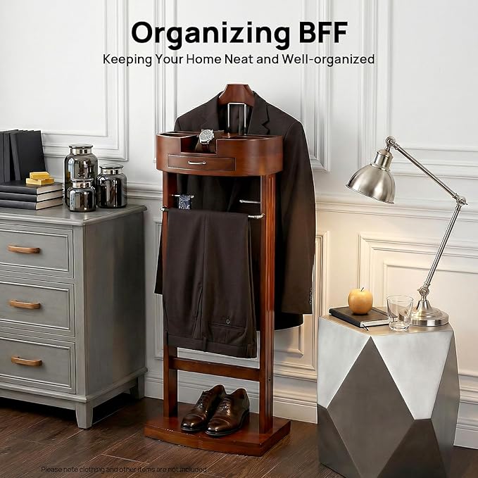 Wood Suit Rack, Vintage Birch Freestanding Clothing Valet Stand, Practical Valet Stand with Drawer and Trouser Holder, Wooden Contoured Coat Rack for Suits, Pants, Ties (Brown)