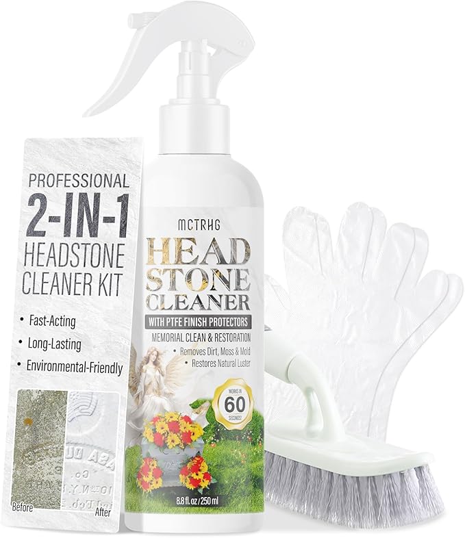 Headstone Cleaner for Graves, Tombstone & Headstone, Removes Dirt, Moss & Other Grime, Tombstone cleaner for Restoring Natural Luster on Granite, Stone, Marble, Slate, Concrete & More, 8.8 oz