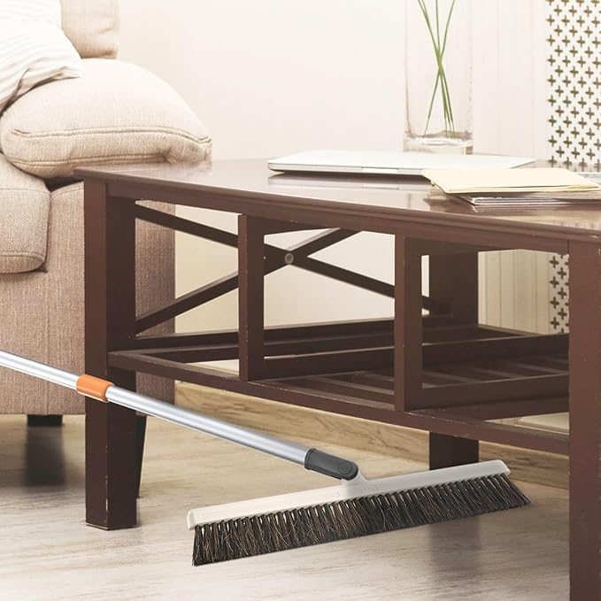Horse Hair Broom for Hardwood Floors – 18" Soft Bristle Narrow Thin Swivel Upright Dust Broom for Dog Hair, Kitchen & Home Use – 54" Long Handle