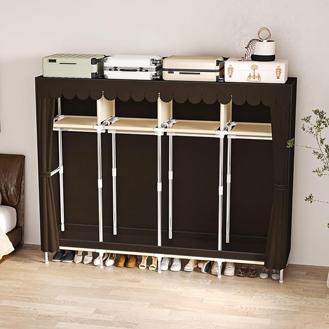Large Portable Armoire Wardrobe Closet with 4 Hanging Rods and Lockers,Metal Storage Wardrobe Clothes Rack with Dust Cover for Clothes,16.7 in Wide,Bedroom,Gray (Brown, 77.5 in)