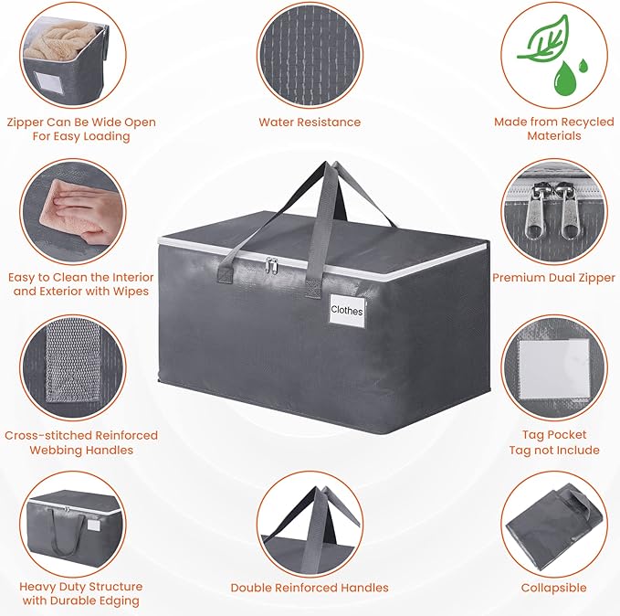 BlissTotes Large Moving Boxes and with Zippers & Handles Moving Supplies with lids, Heavy Duty Totes for Storage Bags for Space Saving, Fold Flat, Moving and Storing 93L, 2 Pack