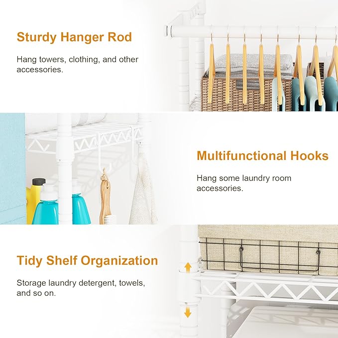 ULIFHOME U14 Over Washer and Dryer Storage Shelves, 4 Tiers Laundry Room Storage and Organizer System, Space Saving Clothes Drying Rack with 2 Clothes Hanger Rods, 66.5" W x 20.5" D x 77.4" H, White