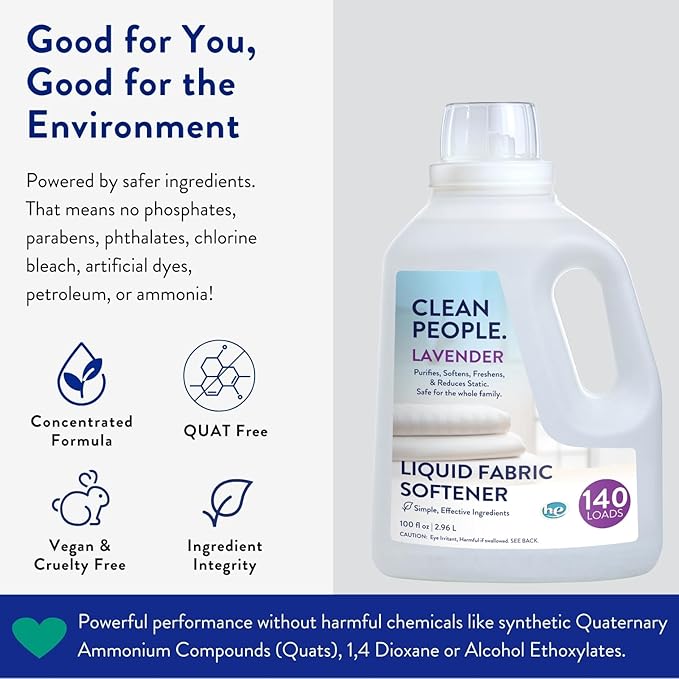 Clean People All Natural Liquid Fabric Softener - Plant-Based, Eco Friendly - Naturally Softens & Removes Static Cling - Vegan - Lavender Scented Laundry Softener - 100 fl oz - 140 loads