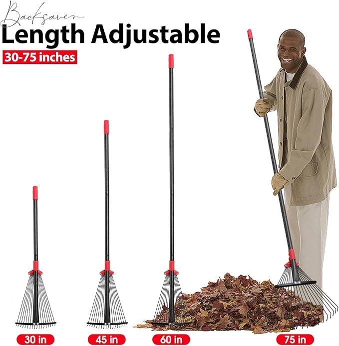Rake for Leaves, Adjustable Garden Leaf Rakes for Lawns Heavy Duty, Metal Rake with 18 Clog-Free Tines, 9”-17” Collapsible Head, 6 ft Long Handle, Yard Tools for Gardening Camping Fast Cleanup