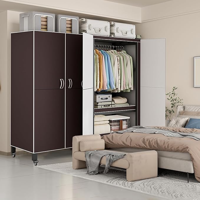 Heavy Duty Covered Clothes Rack with Magnetic Door Foldable Portable Wardrobe Closet for Hanging Clothing Rolling Black Metal Garment Rack on Wheels Closet System (Brown, 58.9in)