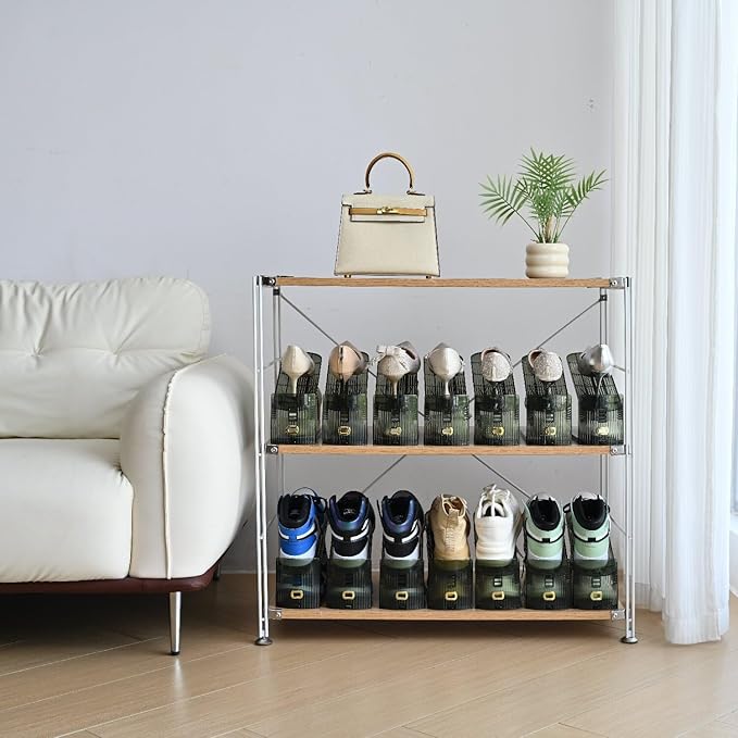 12 Pack Shoe Slots Organizer Adjustable Level Shoe Stacker Holder Storage Space Saving Sneakers Display Tray Rack for Closet (Green Transparent, 12Pack)