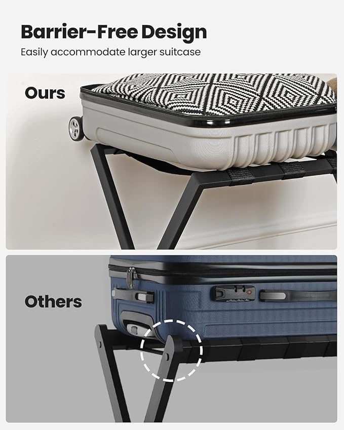 Hzuaneri Luggage Rack, Folding Suitcase Stand for Guest, Foldable, Luggage Holders with Shelf, Steel Frame with Nylon Straps for Bedroom, Hotel, Holds up to 154 lb, Black, 1 Pack LR03801B