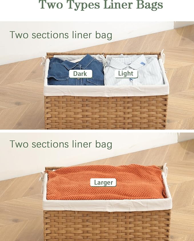 Storage Basket with Lid Rattan Storage Basket with 2 Separate Lid, 27.8 Gallon (105 L) 25.2 * 15.4 * 16.1 Inches Woven Wicker Baskets with 2 Liners and Handles for Bedroom Laundry-Natural
