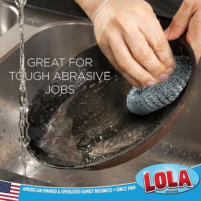 LOLA Steel Wool Wire Mesh Scouring Pad, 2 Pack, Galvanized Steel Knitted, Heavy Duty, Abrasive Scrubber, Powerful for Pots, Pans, Ovens, Grills