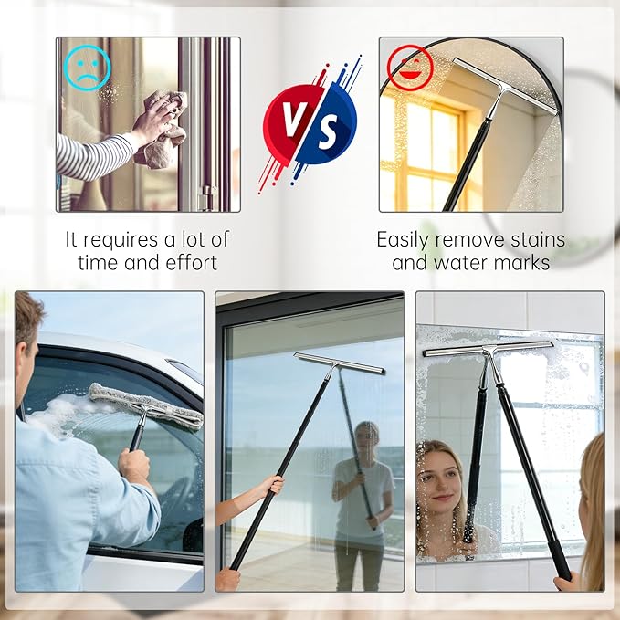 Squeegee for Shower Glass,Shower Squeegee for Glass Doors,Telescopic Window Squeegee for High Windows,Includes Towel Sleeves,Replacement Silicone Blade&Hooks,2 in 1 Queegee for Window Cleaning Kit