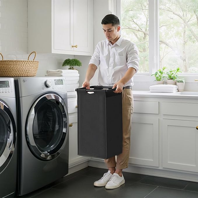 Herture Laundry Hampers with Shelf, Laundry Basket 3 Section, Laundry Sorter with Pull-Out Removable Large 3 Color Bags and Movable Wheels, Metal Frame, 3 x 15.87 Gallons (60L), Black PF04XLK